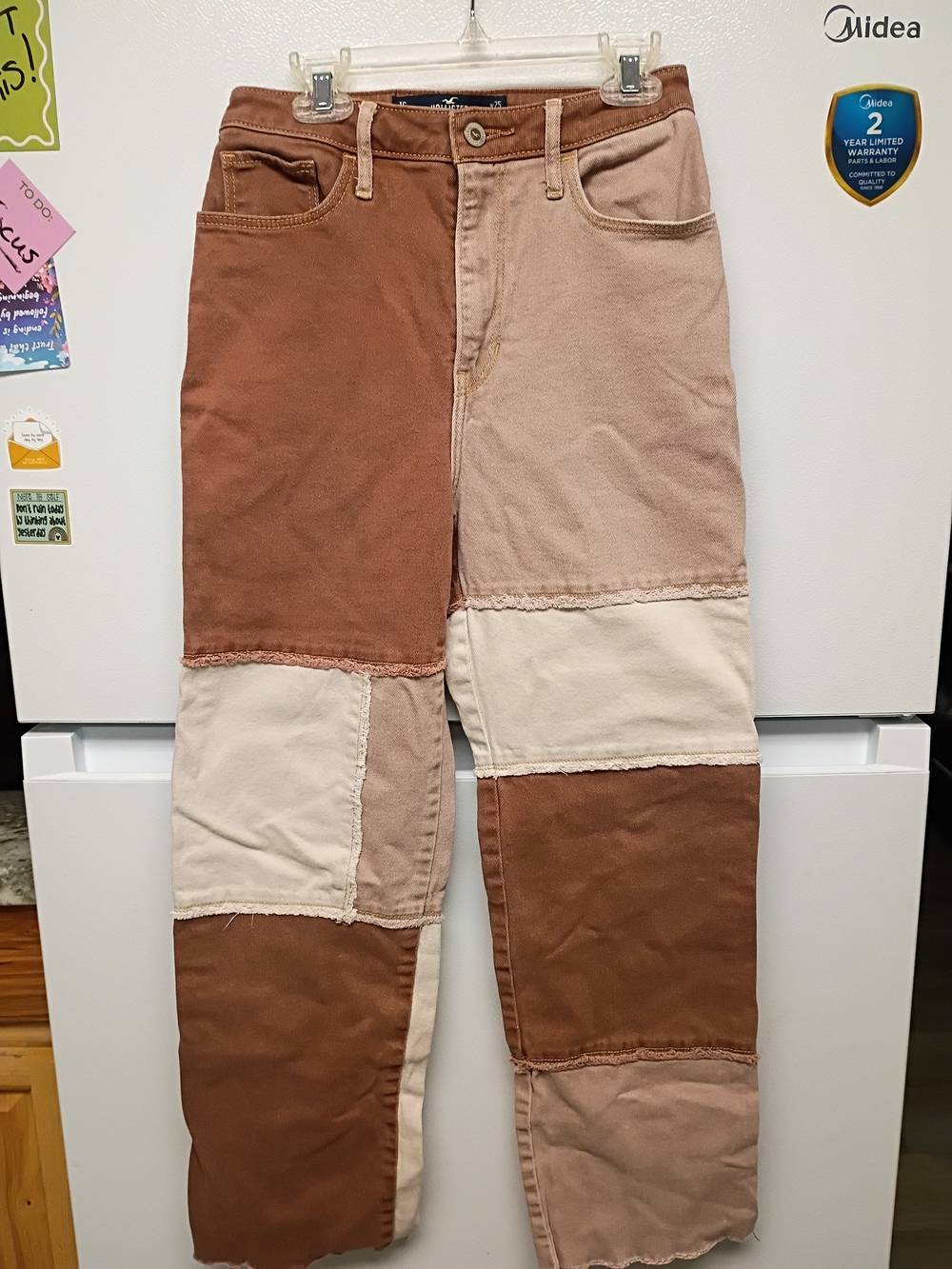 Hollister Two-Tone Patchwork Flare Jeans in Brown & Cream